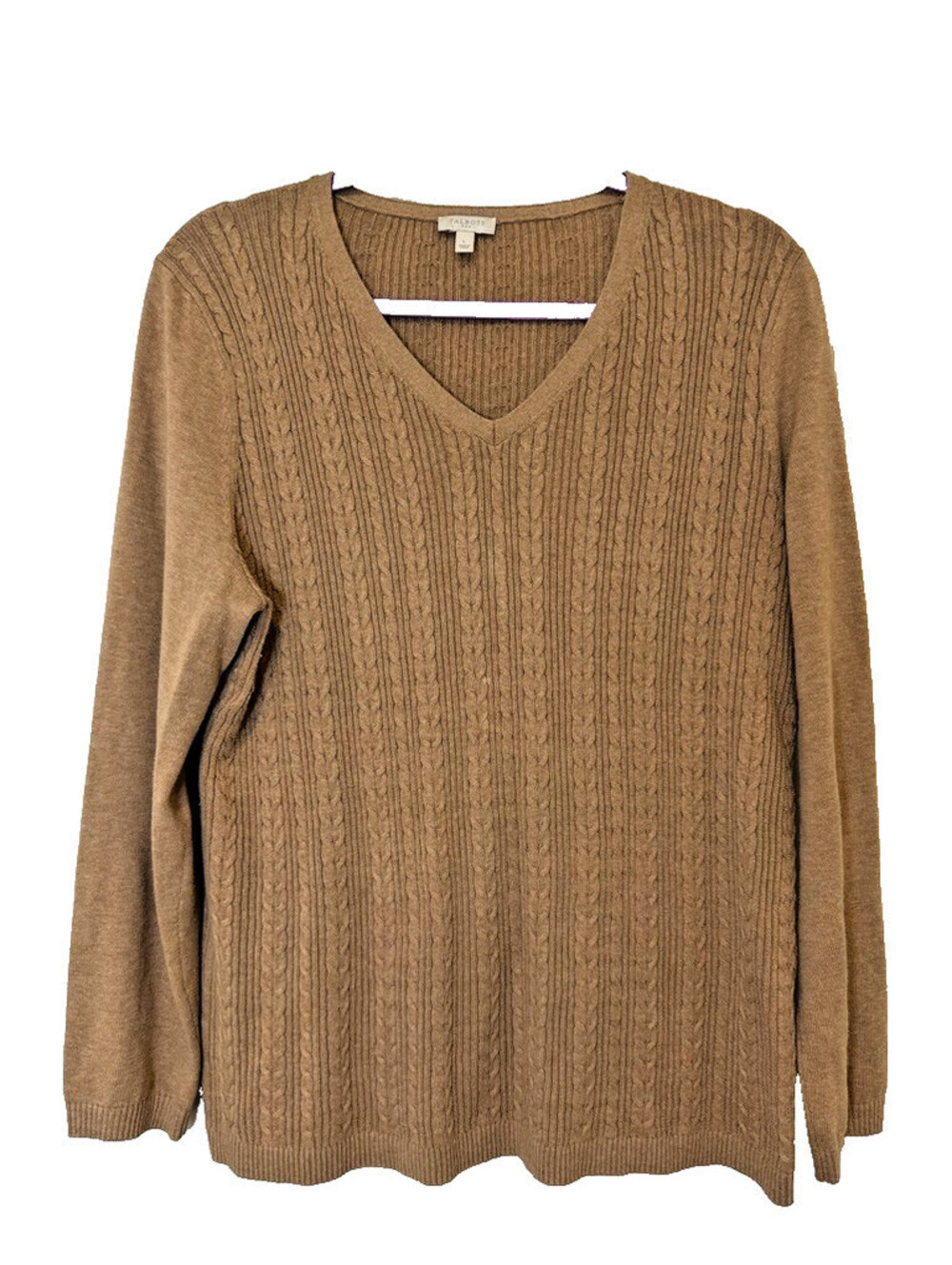Talbots Women’s Large Brown 100% Cotton Cable Knit V-Neck Pullover Sweater